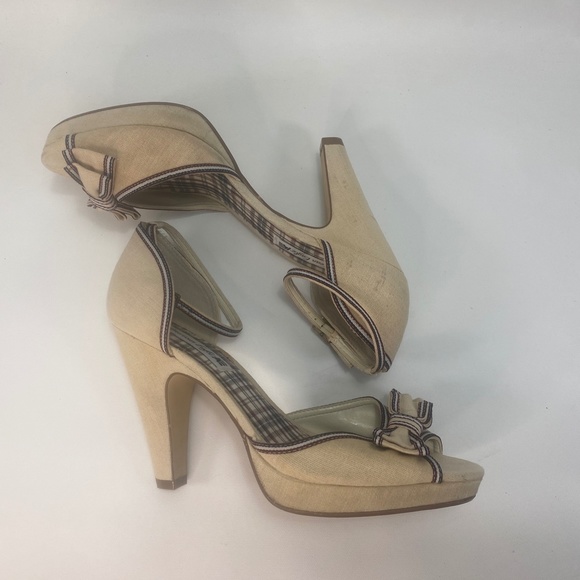 American Eagle Womens Heel Shoes 10 Canvas Peep Toe Ankle Strap Bows Plaid - Picture 9 of 16